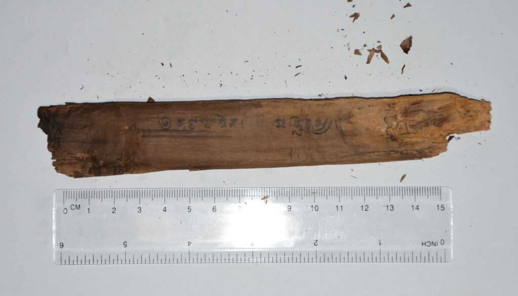 Scroll made of birch bark; the address line "bhaṭṭadevena bahlikasya" (From Bhaṭṭadeva to Bahlika) is visible. (Image: Ingo Strauch / Universität Lausanne)
