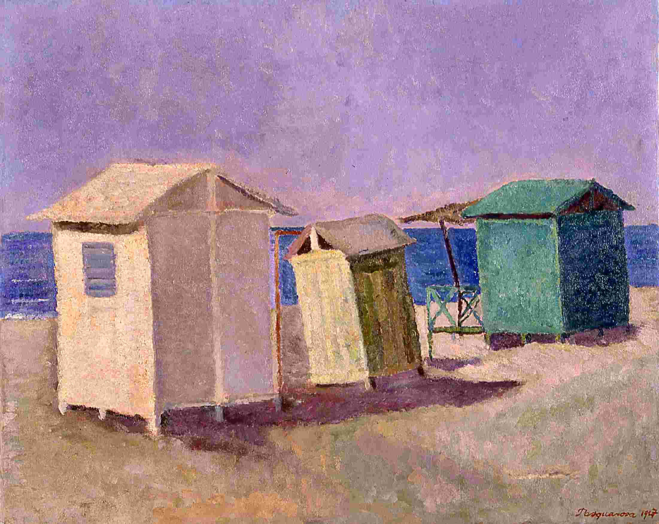 Pasquarosa, Cabine/Capanne sulla spiaggia /Portoferraio, 1927, olio su tela, cm 49x61. Roma, Galleria d'Arte Moderna